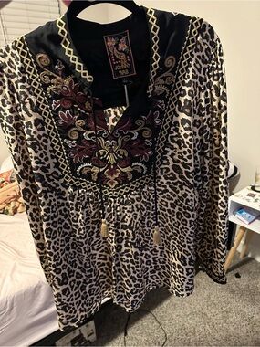 Johnny Was Leopard-Print Embroidered Peasant Blouse in Beige, Black and Gold